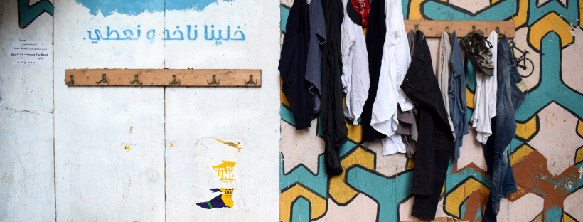 The Wall of Kindness in Beirut’s Hamra neighbourhood, where people anonymously leave items of clothing for anyone who might need them.